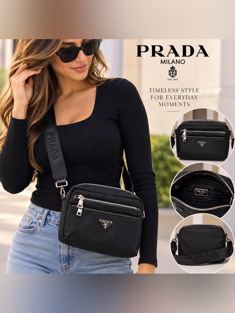 Prada Black Nylon Crossbody with Logo Strap and Silver Hardware